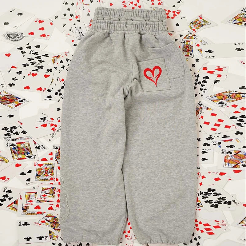 2025 Poker Card Love Embroidery Pattern Casual Double Waist Two-Piece Pants Popular Fake Two-Piece Double Waist Head Pants