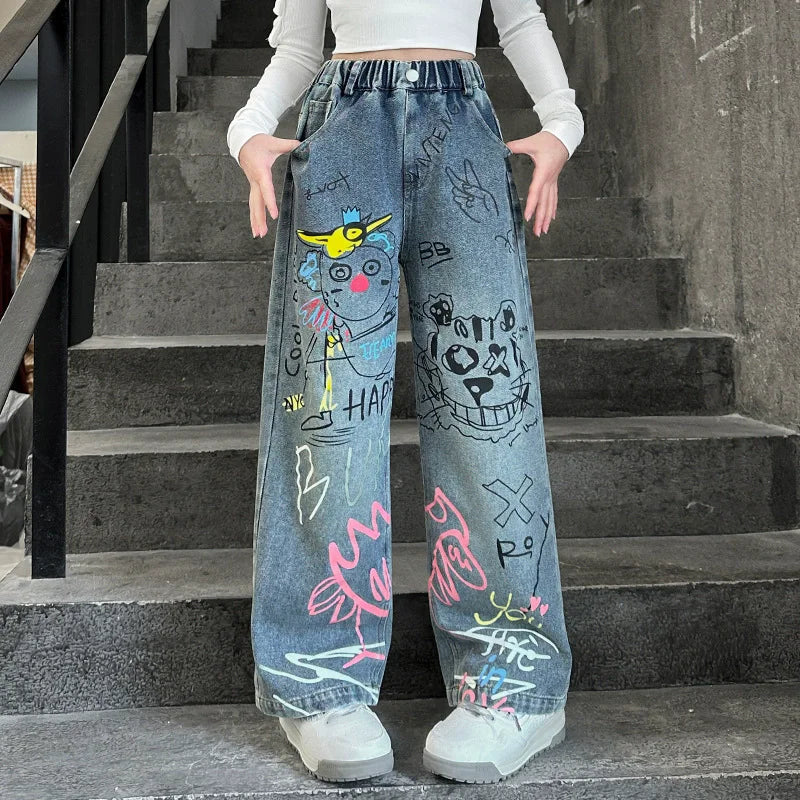 Autumn Teenage Girls Cartoon Graffiti Jeans Junior Kids Casual Wide Leg Trousers Tween Girls Clothing Child Clothes 10 to 12 14Y