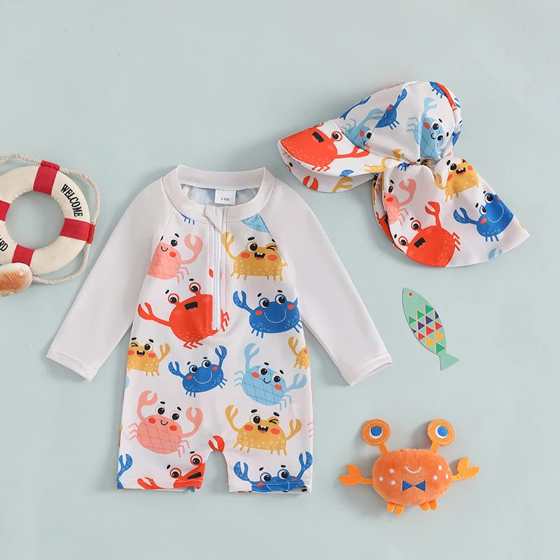 Blotona Toddler Boys Girls Rash Guard Swimsuit with Hat 2Pcs Set Seahorse Shell Pattern Zip Up Long Sleeve O-Neck Baby Swimwears