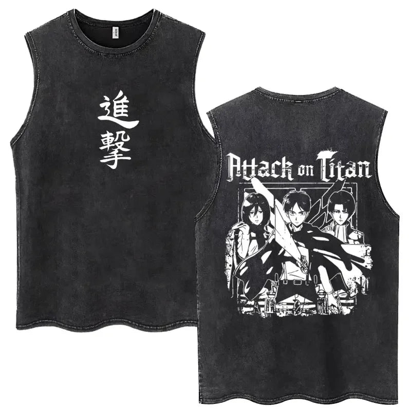 Washed Anime Attack on Titan Vintage Tank Tops Eren Yeager Shingeki No Kyojin Sleeveless T Shirt Men's Cotton Loose Y2k T Shirts