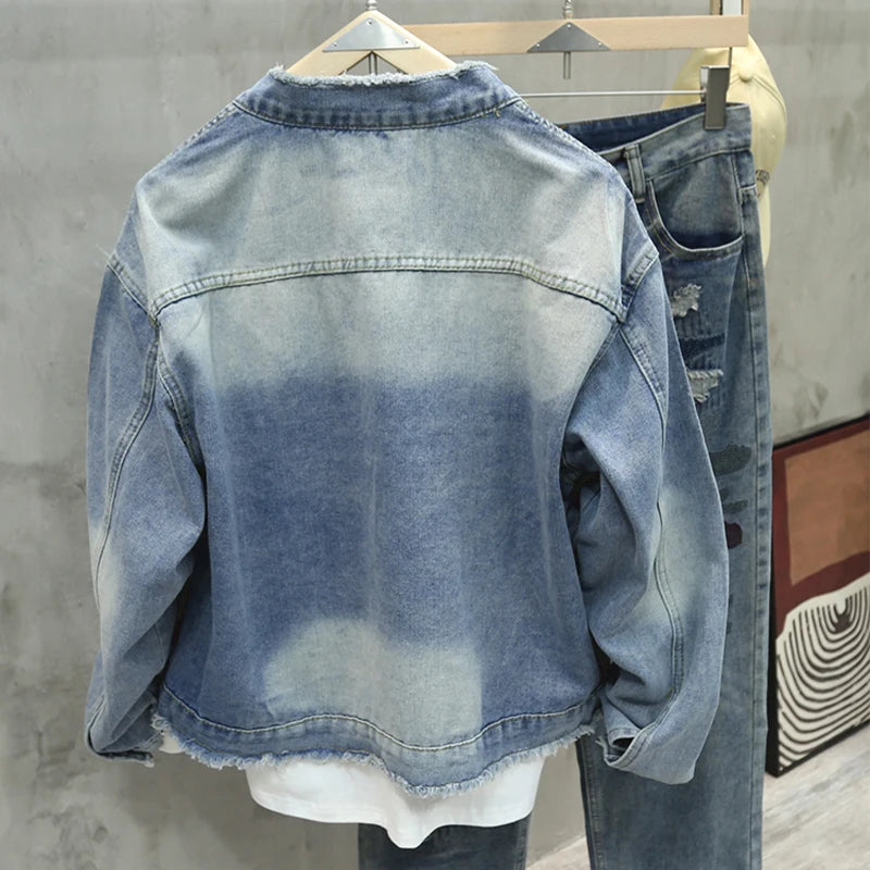 Spring Autumn New Men Fringed Denim Jacket American Retro High Street Pockets Blue Coats Casual Loose Fashion Versatile Tops