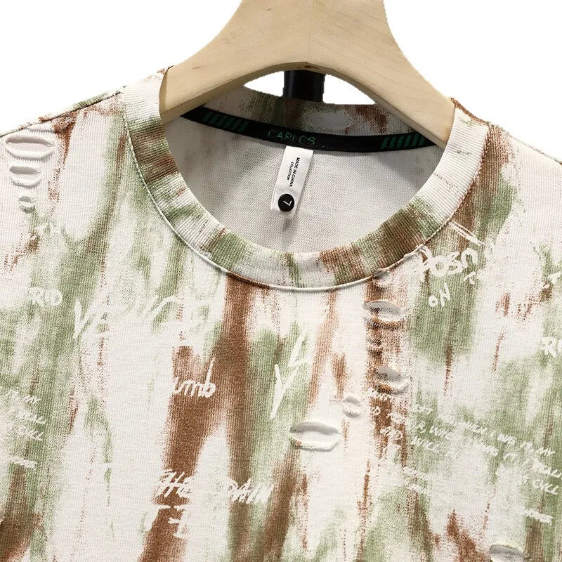 Summer Hot Men Ripped Hole T-shirt Short Sleeved New Loose Casual Round Neck T-shirt Half Sleeved Men Top Trendy