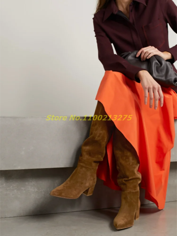 Block Heel Knee High Suede Boots Square High Heel Back Zipper Tan Black Fashion 2025 Winter Women Dress Shoes