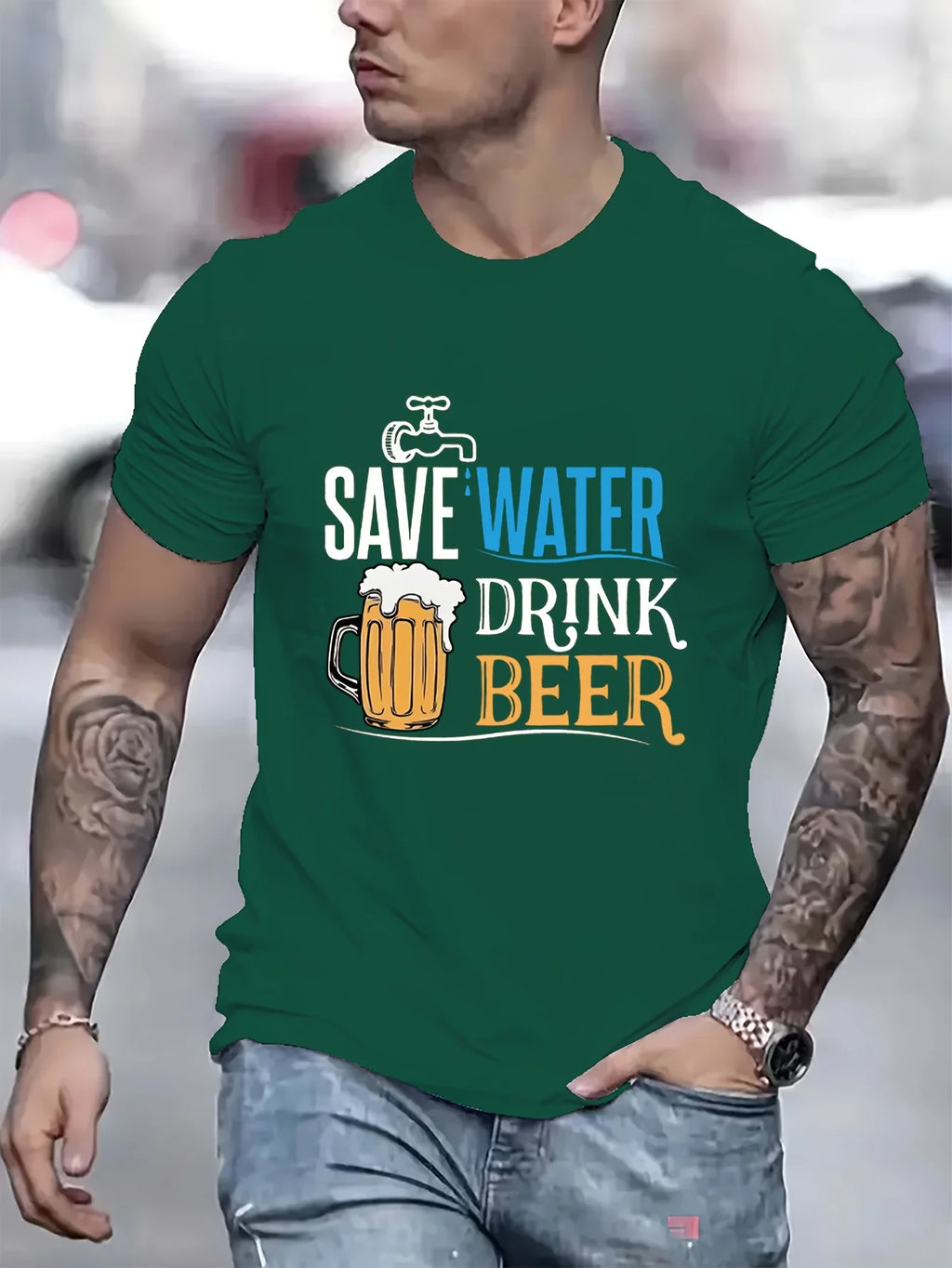 Men's summer 100% pure cotton Creative beer graphic printed fashionable and casual loose round neck short sleeved T-shirt top