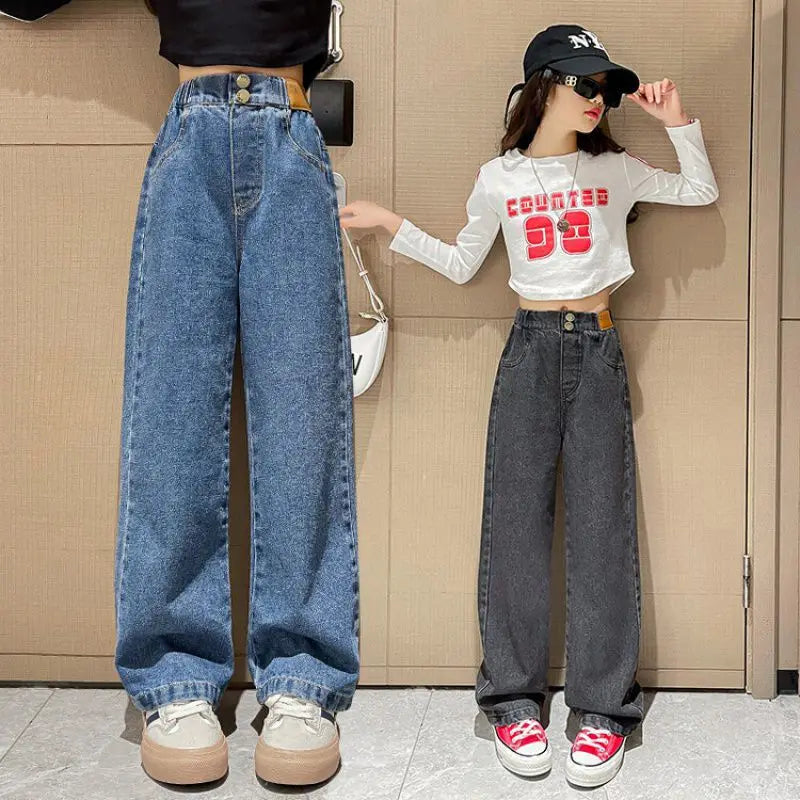 2025 Teen Girls Denim Wide Leg Pants Spring Autumn Fashion Big Flare Pants Loose Jeans For 5-14 Years Girls Outdoor Trousers
