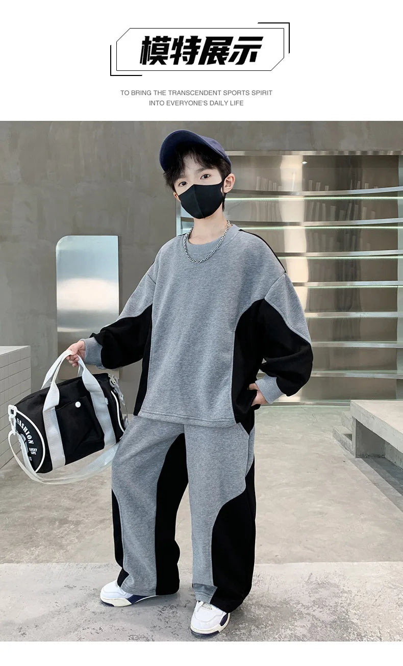 2025 teenager boys Suit autumn winter Cloth letter striped sweatshirt hooded + wide leg Pants tracksuit 5 8 10 12 Year Child set