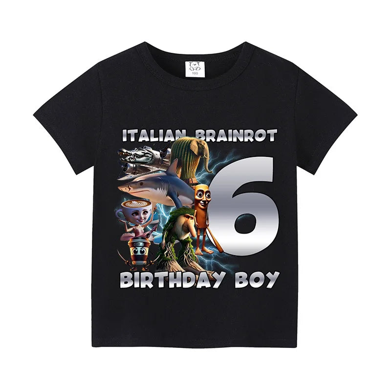 Italian Brainro Kids Birthday Number T-shirts Tung Tung Tung Sahur Summer Clothes Funny Meme Short Sleeves Tops Boys Girls Tees