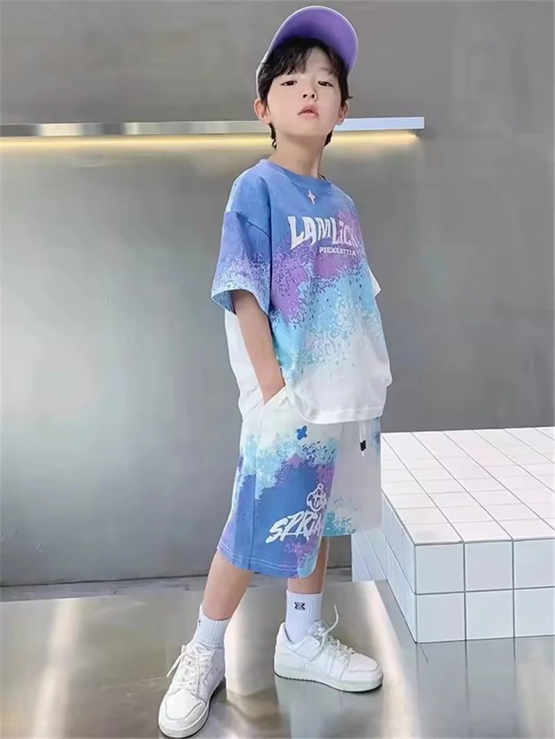 Teen T-shirts Clothes Sets Summer Boys Gradient Short Sleeve Tops+Shorts 2 Pcs Big Kids Casual Suits Children Print Outfits