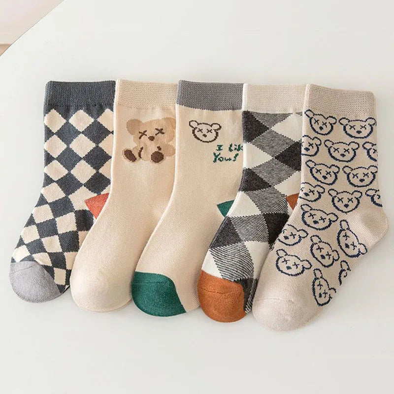 5Pairs/Set Cute Bear Print Baby Socks Soft Cotton Toddler Calf Sock Korean Autumn Winter Cartoon Kids Boy Girl Mid Tube Socks