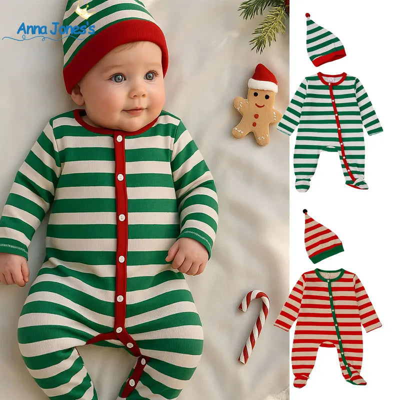 2025 Christmas Costumes Baby Boys Girls Romper Clothes Set 2 Pcs Cotton Striped Jumpsuit+Hat Infant Bodysuit For Newborn Onesies
