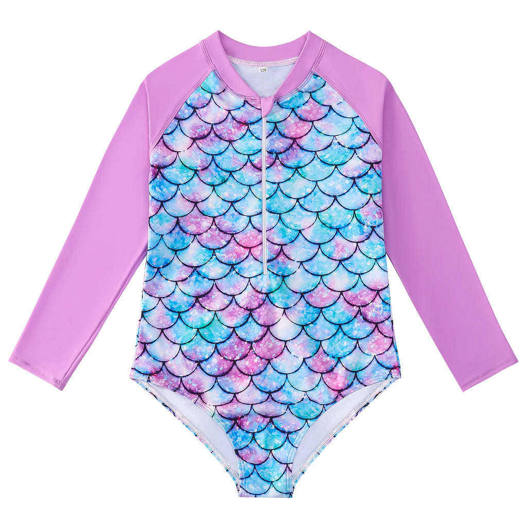 Bikini Cut Bottom Swimwear Kids Girl Color Blocking Raglan Long Sleeve Swimsuit Scale Print Rush Guard Zipper Swimming Suit New