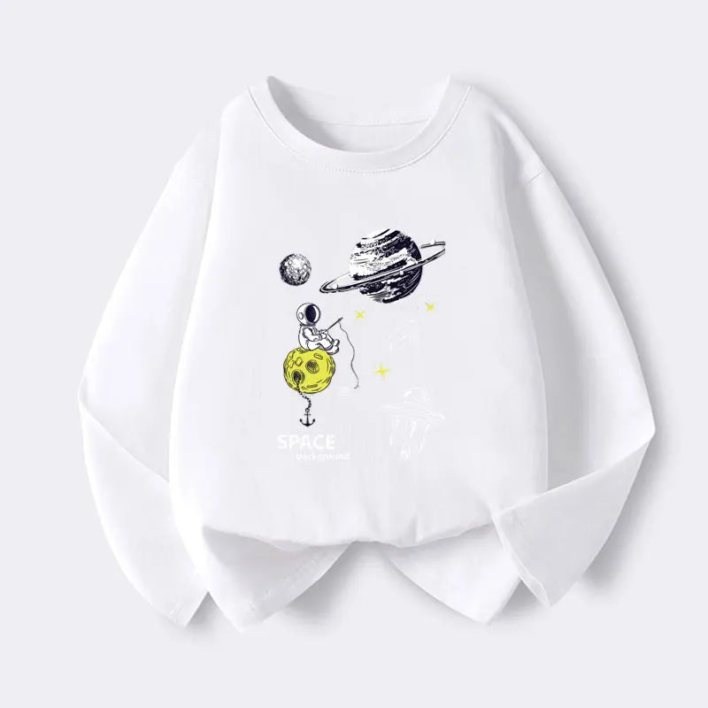 2-12 Year Cotton Boys T-shirts Explore Space Teen Tees Autumn Casual Kids Tshirts Cartoon Print Baby Boys Long Sleeves Tops Tees