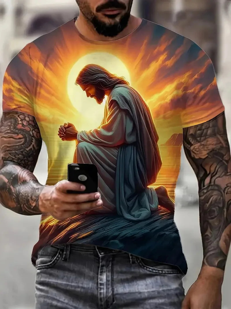 Men's 3D Jesus Print T-Shirt Short Sleeve Casual Crew Neck Praying Hands Design Tshirt For Men New In Oversized Tee Shirt Tops