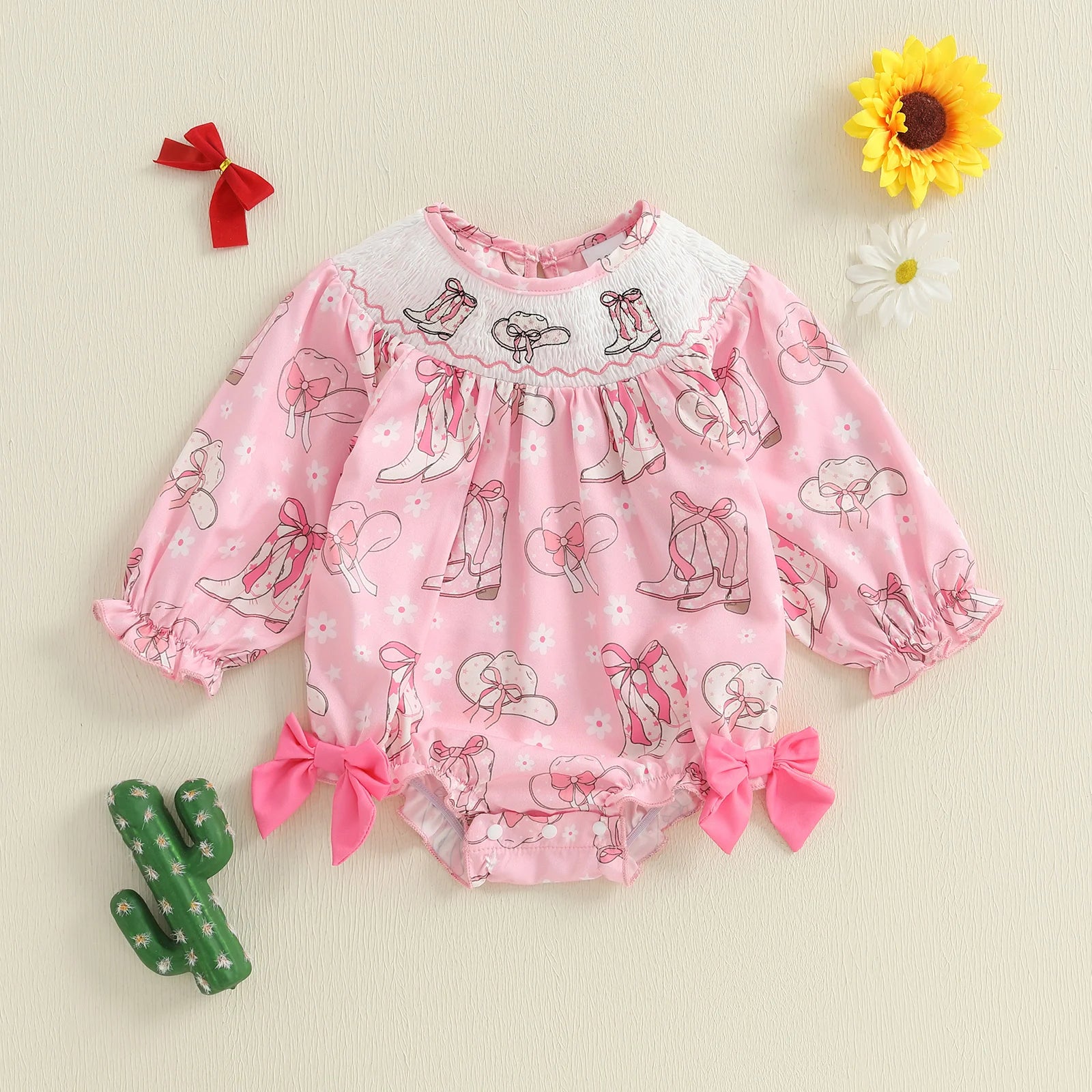 Baby Girls Casual Romper Western Print Embroidery Cute Bow Long Sleeve Jumpsuits for Newborn Fashion Clothes