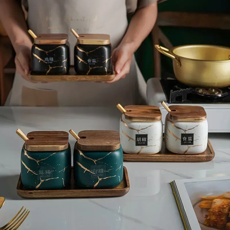 Japanese Kitchen Frosted Seasoning Pot Set Two Pack Marble Ceramic Household Combined Seasoning Box Salt Sugar Seasoning Bottle