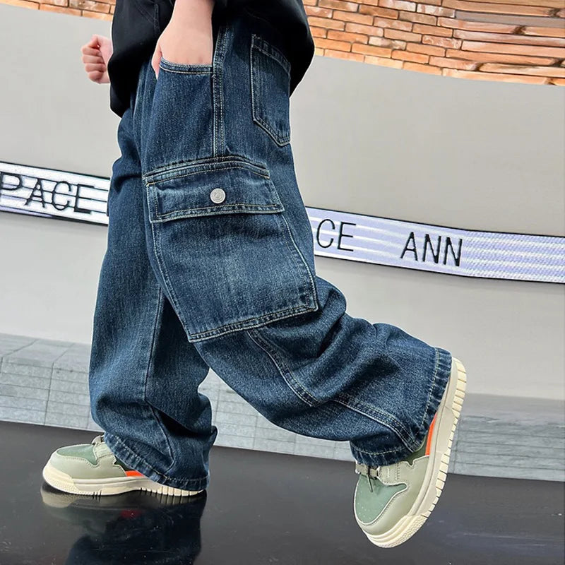 Teen Boys Jeans 2025 New Spring Autumn Pants Children's Straight Trousers Teenager Wide-legged Cargo Pants Kids Loose Clothes