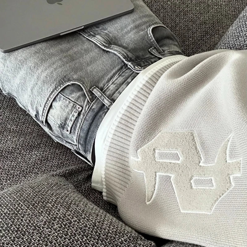 Korean Version Of Grey Long-sleeved Sweater Embroidered Pullover Gothic Retro Casual Fashion New Men's Square Knitting Clothing