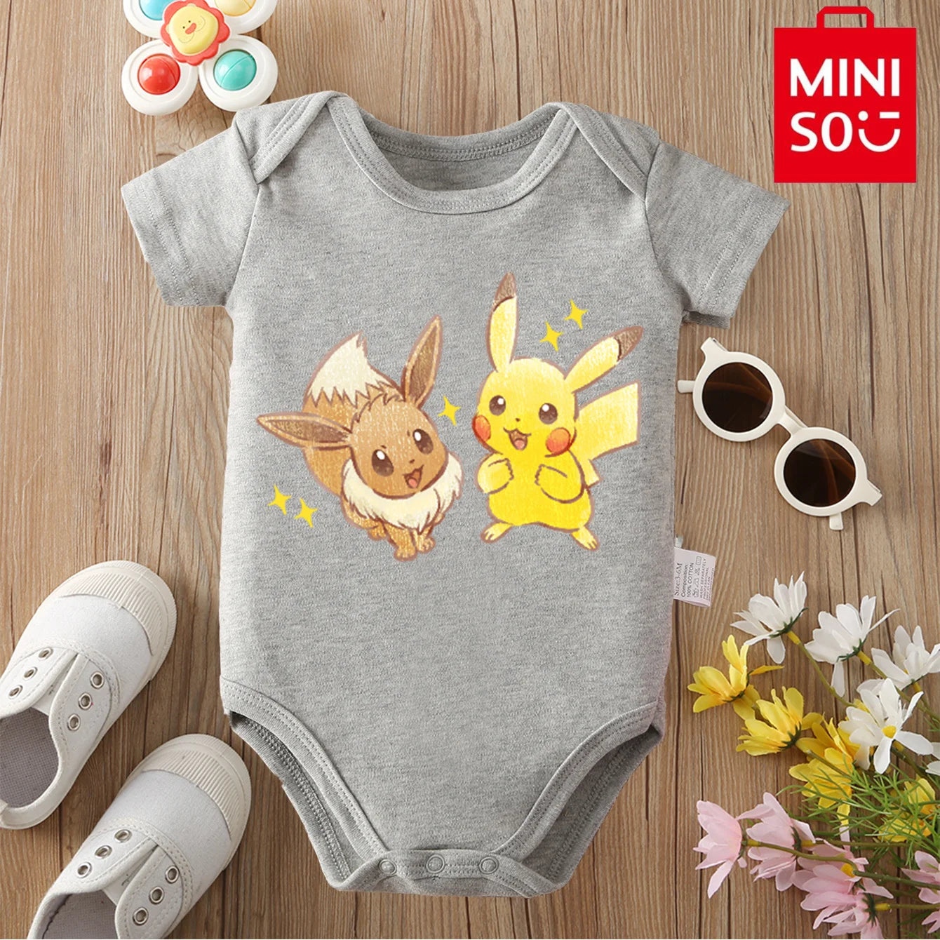 MINISO Pure Cotton Cute Pokemon Pikachu Print Bodysuit Baby Soft Cloths Gift for Baby Onesie Jumpsuit for 0 To 12 Months Newborn