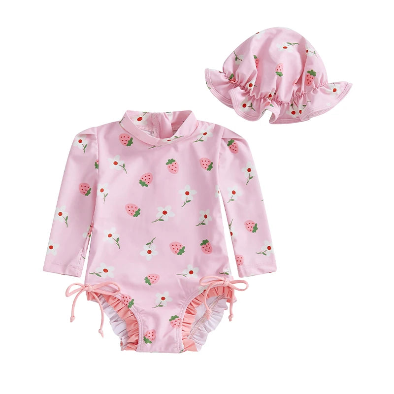 Newborn Baby Girl Swimsuit Summer Adorable Floral/Shell Print Long Sleeve Mock Neck Bathing Suit with Hat Rash Guard Swimwears