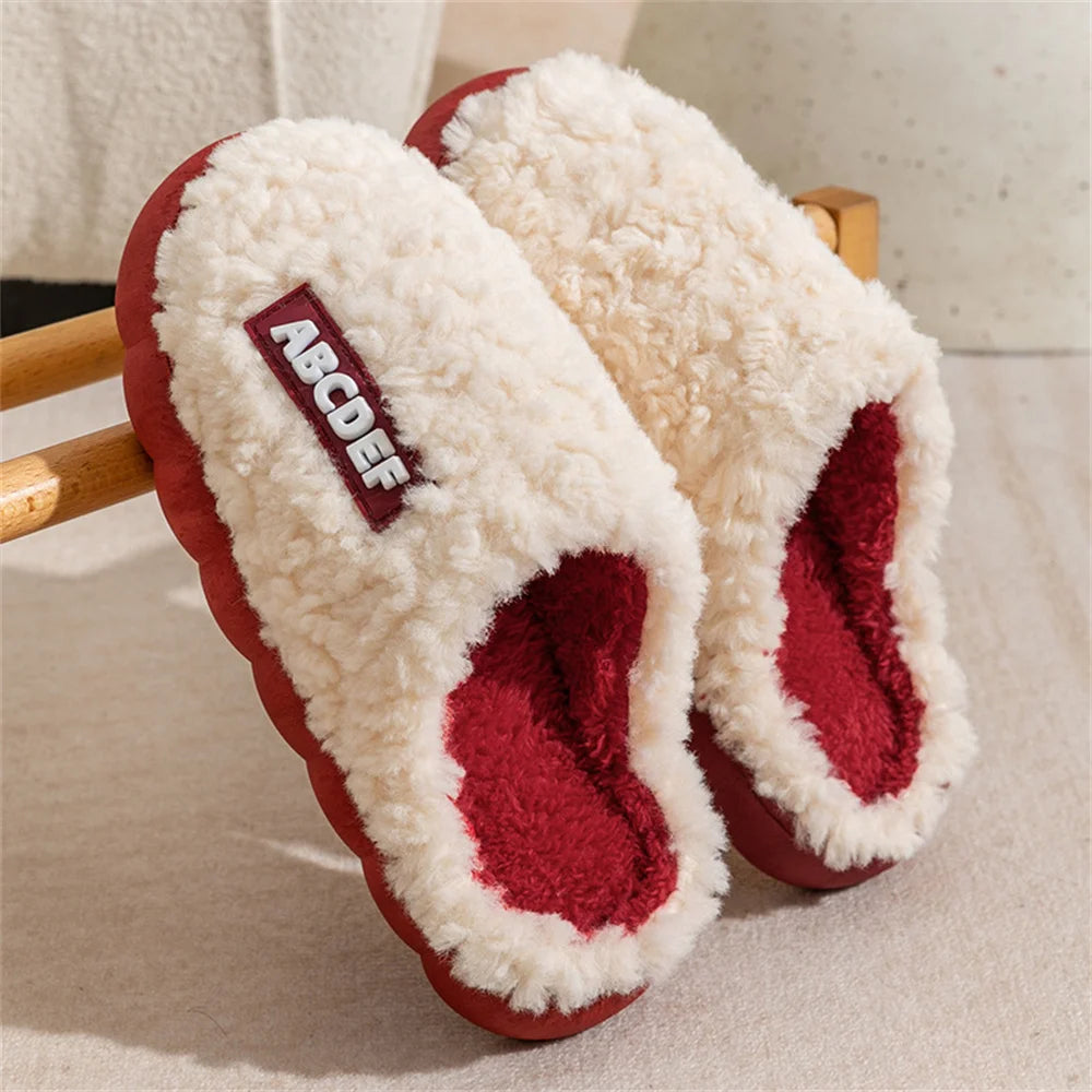 Fashion Winter Plush Couple Cotton Slippers for Women Men Cute Cartoon Anti-slip Solid Color Thick Soles Slides Indoor Home Use
