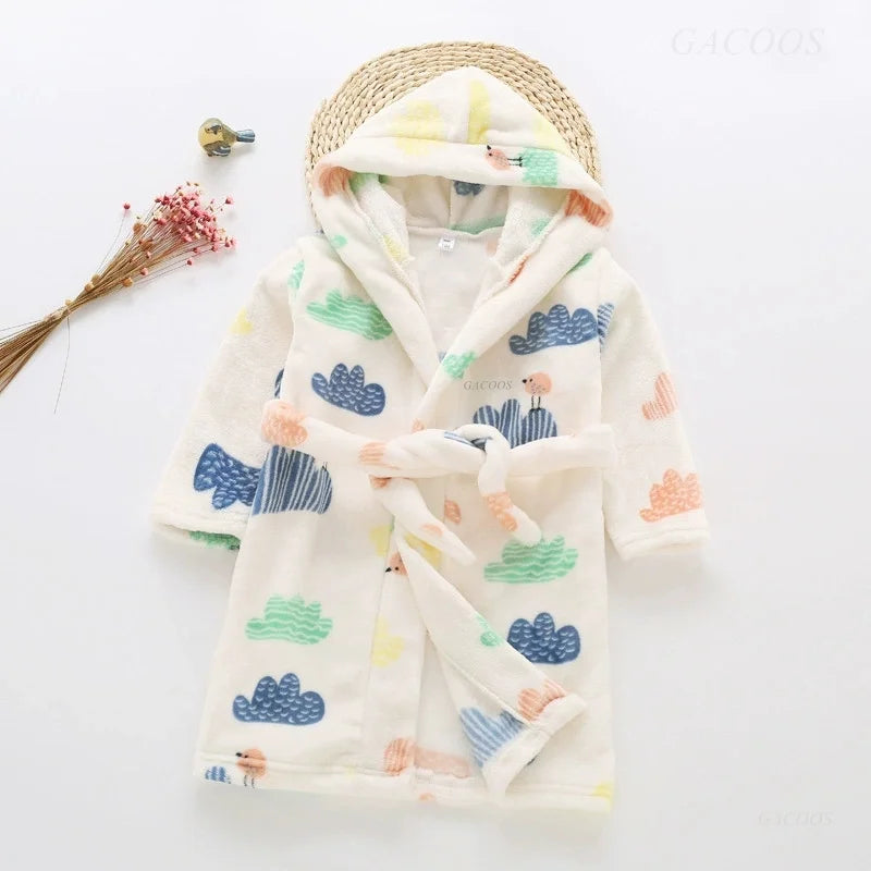 2025 Kids Hooded Flannel Bathrobe Baby Bath Bear Printed Robes Boys Girls Cute Cartoon Soft Warm Pajamas Long Sleeve Towel Robe