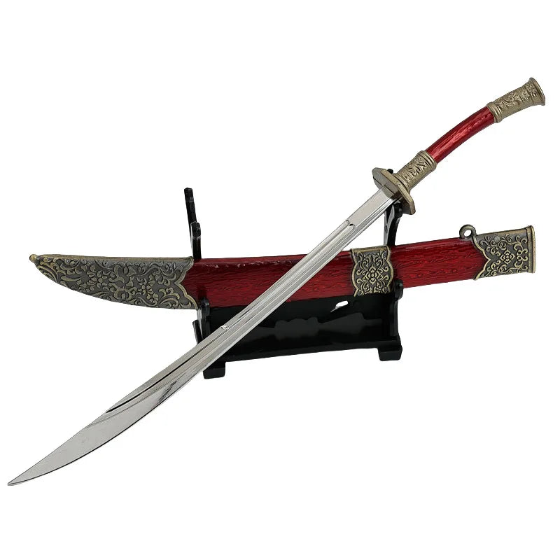 22cm/8.66in Qing Dynasty Model Metal Handicraft Ornament Red Oxtail Knife with Sheath Desktop Display Peripherals Gifts for Boys