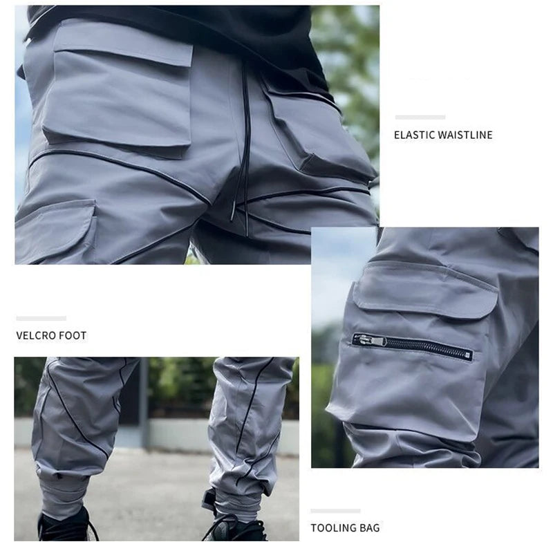 Men's Casual Pants Multi-pocket Cargo Trousers Striped Reflect Sweatpants Breathable Lightweight Jogging Trousers Gym Trackpant