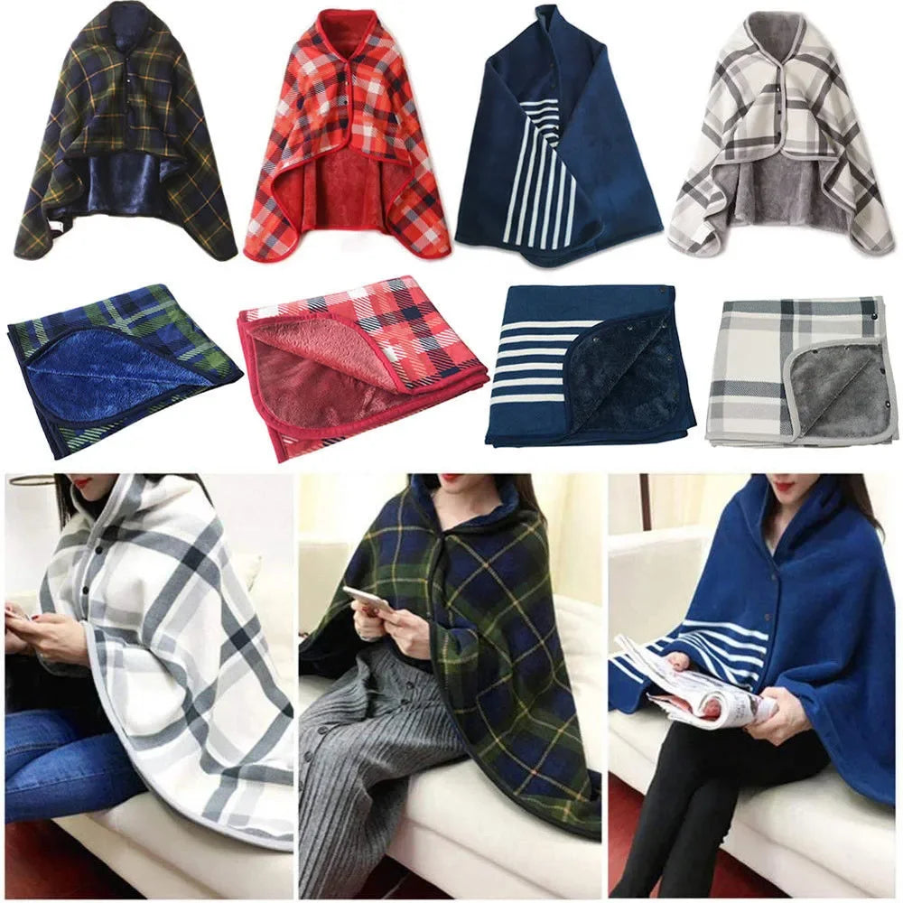 Fleece Wearable Blanket, Plaid Lap Blanket Comfy Poncho Throw with Buttons for Bed Sofa Office