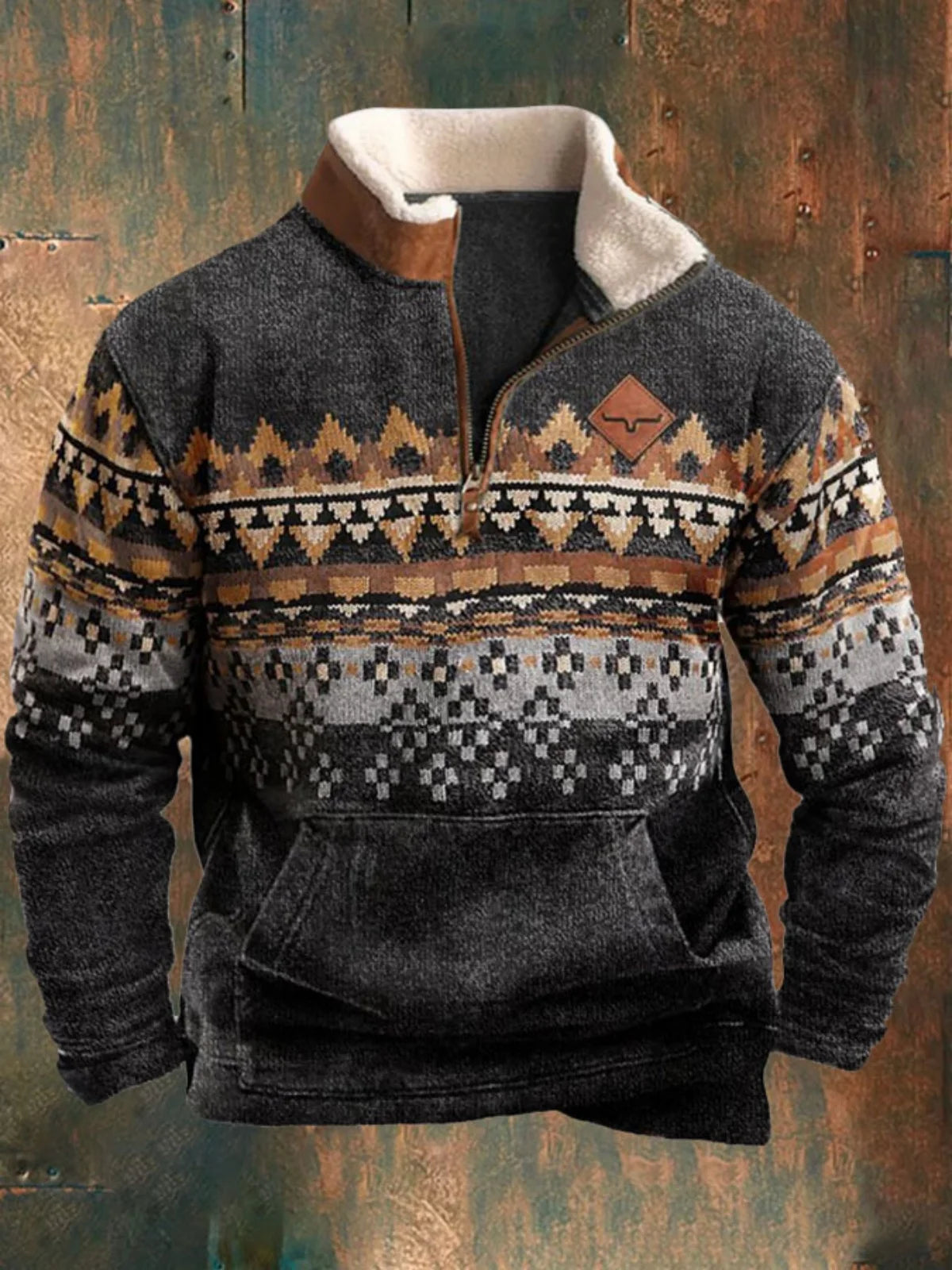 Fall/Winter Men's Printed Jacket: Fashionable Trend with Fur Collar, Long Sleeve, Half-Zip, Casual and Loose-Fitting Hooded Coat