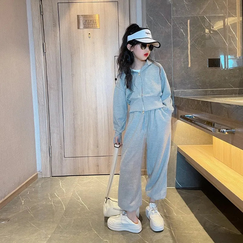 2025 autumn winter Girl grey Teens tracksuit zipper crop top Jacket hooded top and bottom wide leg pant child set 4 8 10 12 year