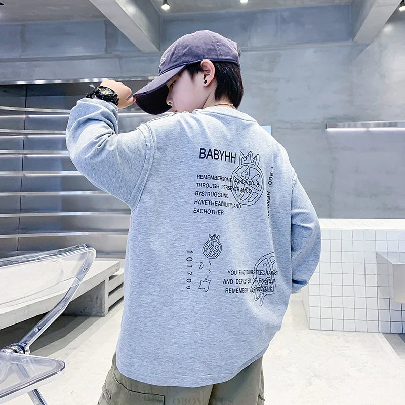 Teen Boys Letter Print Sweatshirt Spring Autumn Long Sleeve Children Loose Casual Kids Grey Color Cotton Pullover Outerwear 4-14