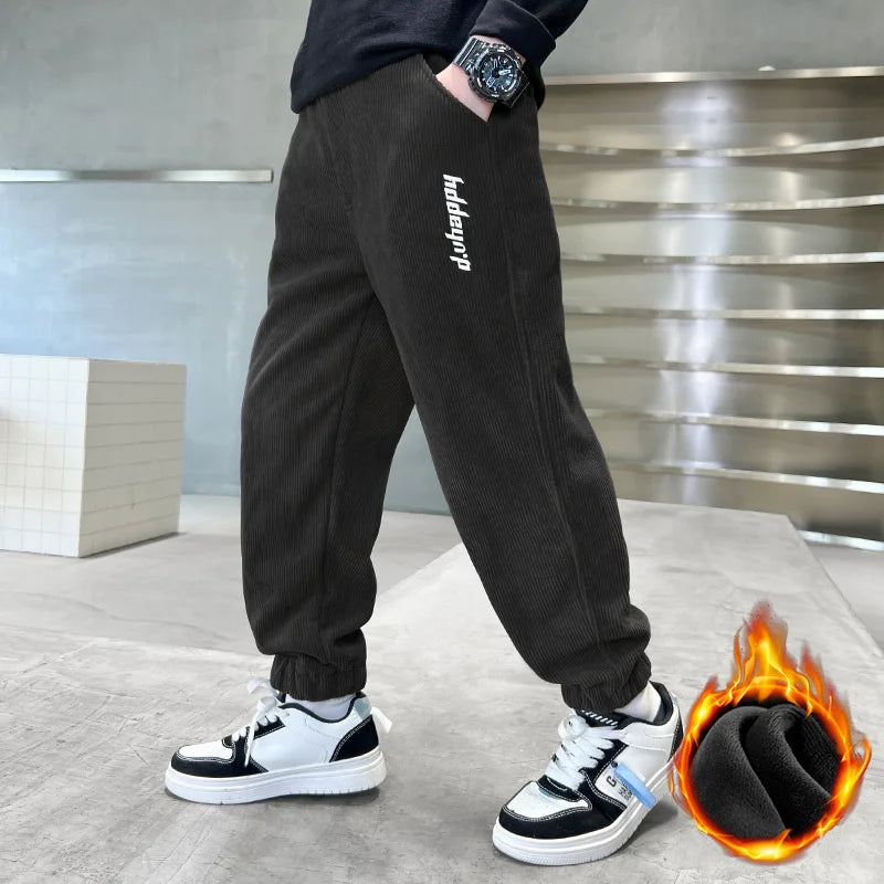 Children's Plus Velvet Pants Boys Padded Trousers Winter New Kids Elastic Waist Sweatpants Teenager Casual Fleece Clothing