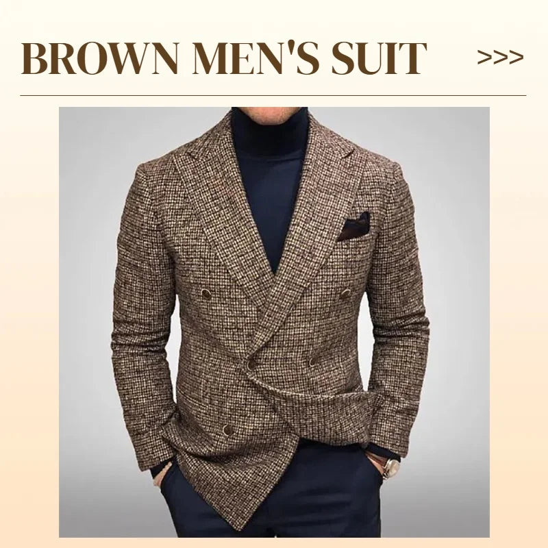 Men's Suit Jackets Double-Breasted Tweed Fabric Chest Bag Retro Gentleman Fashion Business Casual Formal Blazer Autumn Winter
