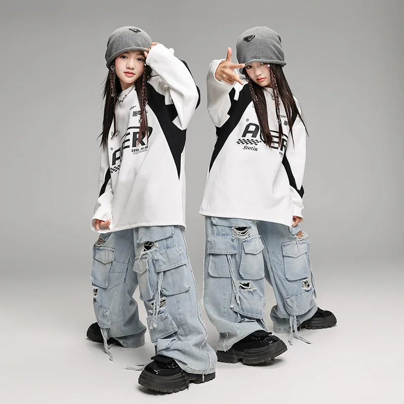 Children's Teen Boys Girls Streetwear Hiphop Sweatshirt Cargo Pant Sets Tracksuits Performance Clothing Kids Tshirt Trousers