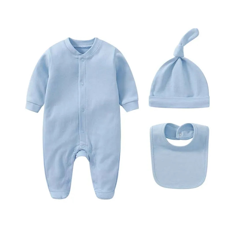 Baby Sets Boys Girls Clothing 100%Cotton Romper Solid Color Long Sleeve Bodysuits+Hat+Bib 3Pcs Set Spring Autumn Newborn Outfits