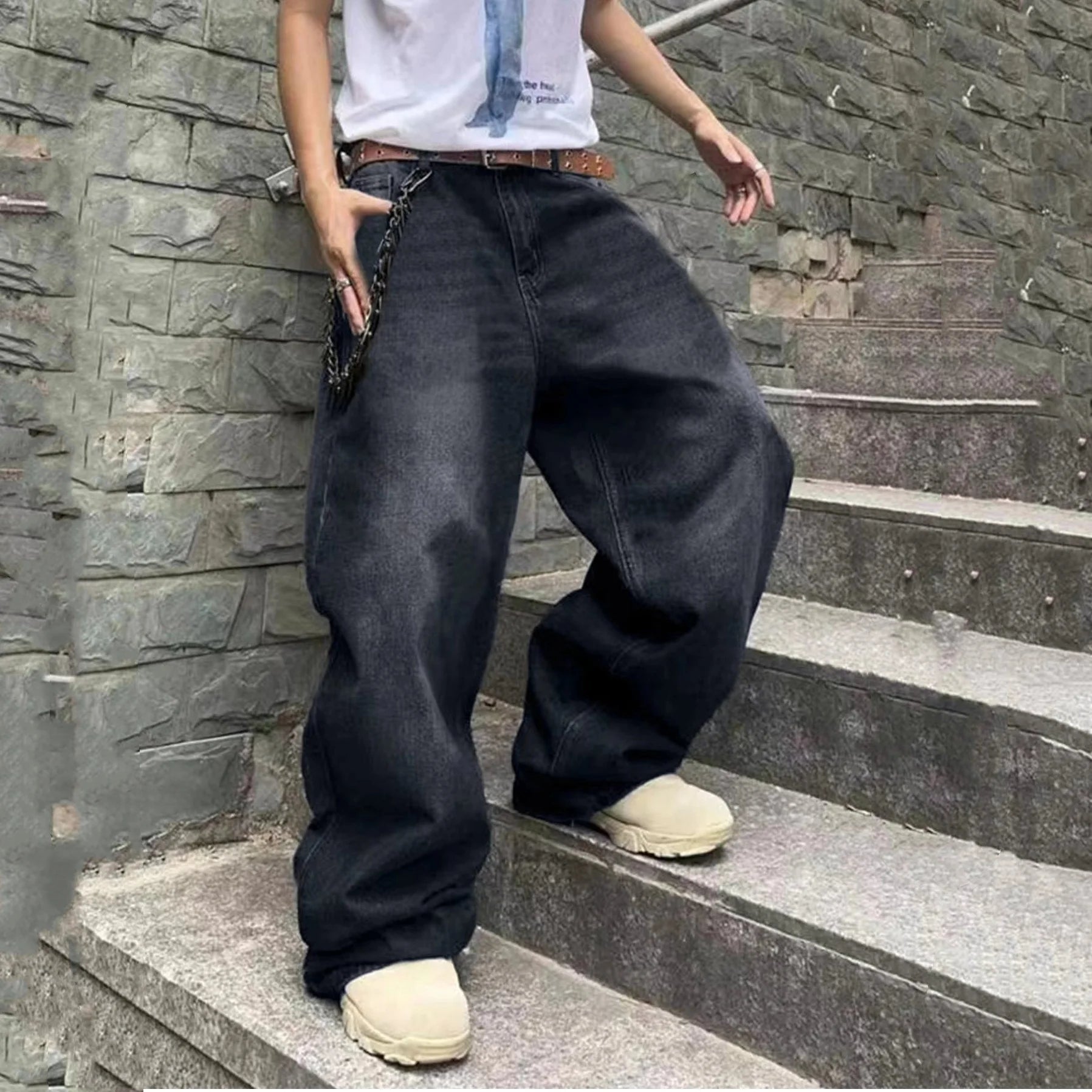 Streetwear Loose Jeans for Men Korean Style Fashion Loose Straight Wide Leg Pants Men's Clothing Black Light Blue Trousers