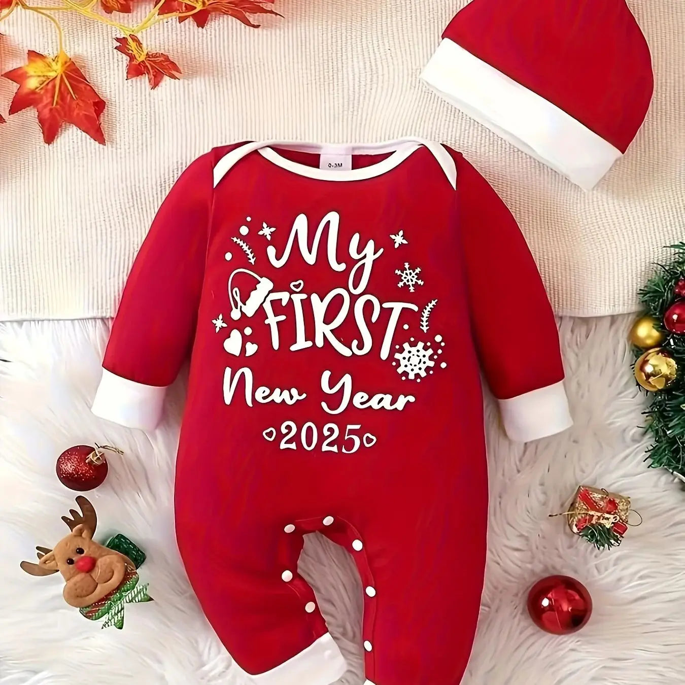 Spring and Autumn Baby and Toddler Unisex Crewneck Letter Print Color Block Spliced Romper - Christmas Limited Editio