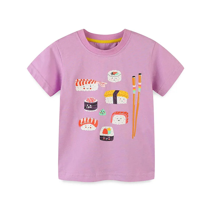 Kids Clothes for Baby Girls Tops Korean Teenagers Purple Blouses T-shirt Cartoon Food Sushi Cotton Chidlren Clothing