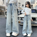 New 4-14 Years Spring Autumn Teenage Girls Jeans Full Print Bow Embroidery Fashion Wide-leg Denim Pants For Kids