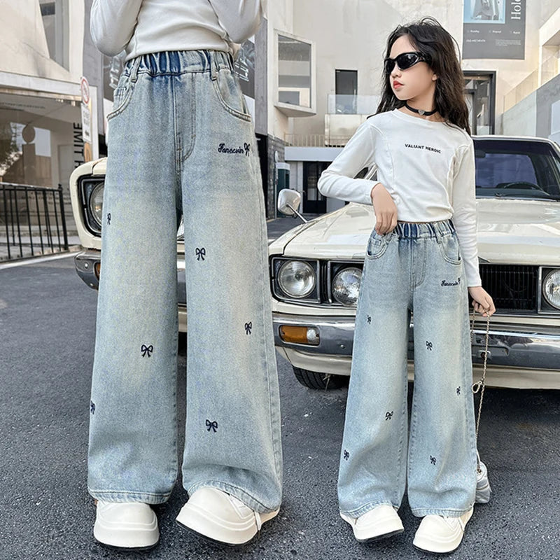 New 4-14 Years Spring Autumn Teenage Girls Jeans Full Print Bow Embroidery Fashion Wide-leg Denim Pants For Kids