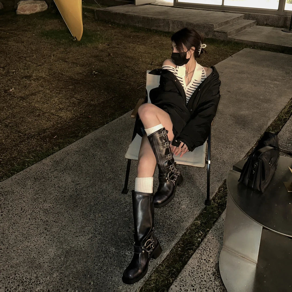 Four Seasons Belt Buckle Retro High Boots Fashion Boots Women's Boots Long Boot Chunky Heel Height Increasing Shoes botas mujer