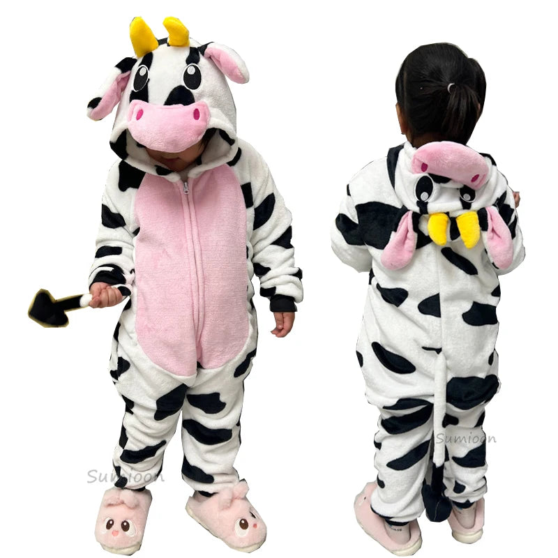 Kids Unicorn Animal Jumpsuits Cartoon Pajamas Cosplay Holiday Costume Cat Panda Flannel Sleepwear for Children Outfits 4-12Yrs