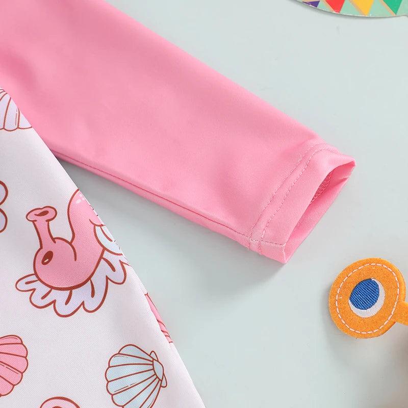 Blotona Toddler Boys Girls Rash Guard Swimsuit with Hat 2Pcs Set Seahorse Shell Pattern Zip Up Long Sleeve O-Neck Baby Swimwears