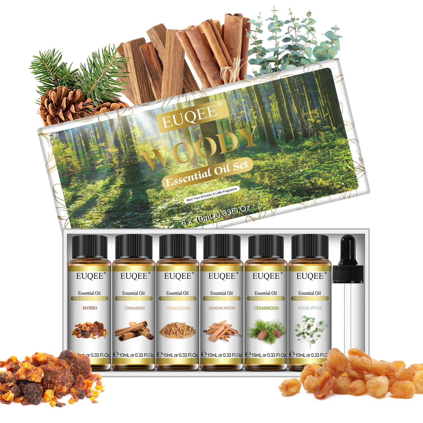 EUQEE 10ml*6pcs Woody Essential Oil Set (Eucalyptus Cedarwood Sandalwood Frankincense Cinnamon Myrrh)-Natural Aromatherapy Oils