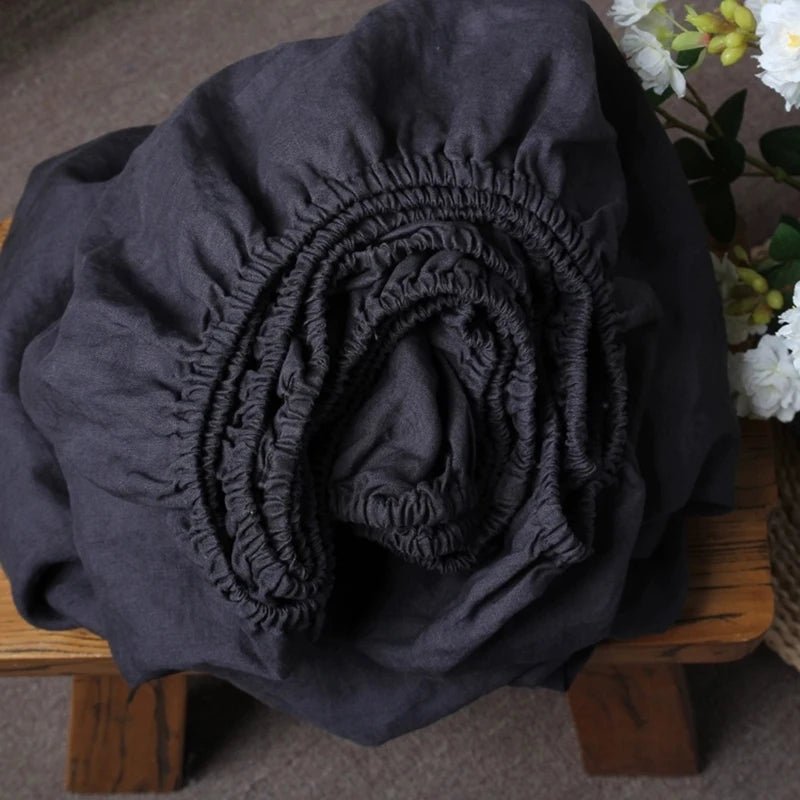 100% Linen Fitted Bed Sheet with Elastic Band Solid Color Anti-slip Adjustable Mattress Cover for Single Double King Queen Bed