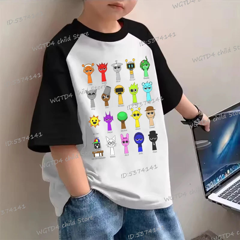 Sprunki Cartoon T-Shirt Boys Girls Shoulder Insertion Short Sleeve Tee New Design Cotton Summer Kids Clothes Gamer Humor Tees