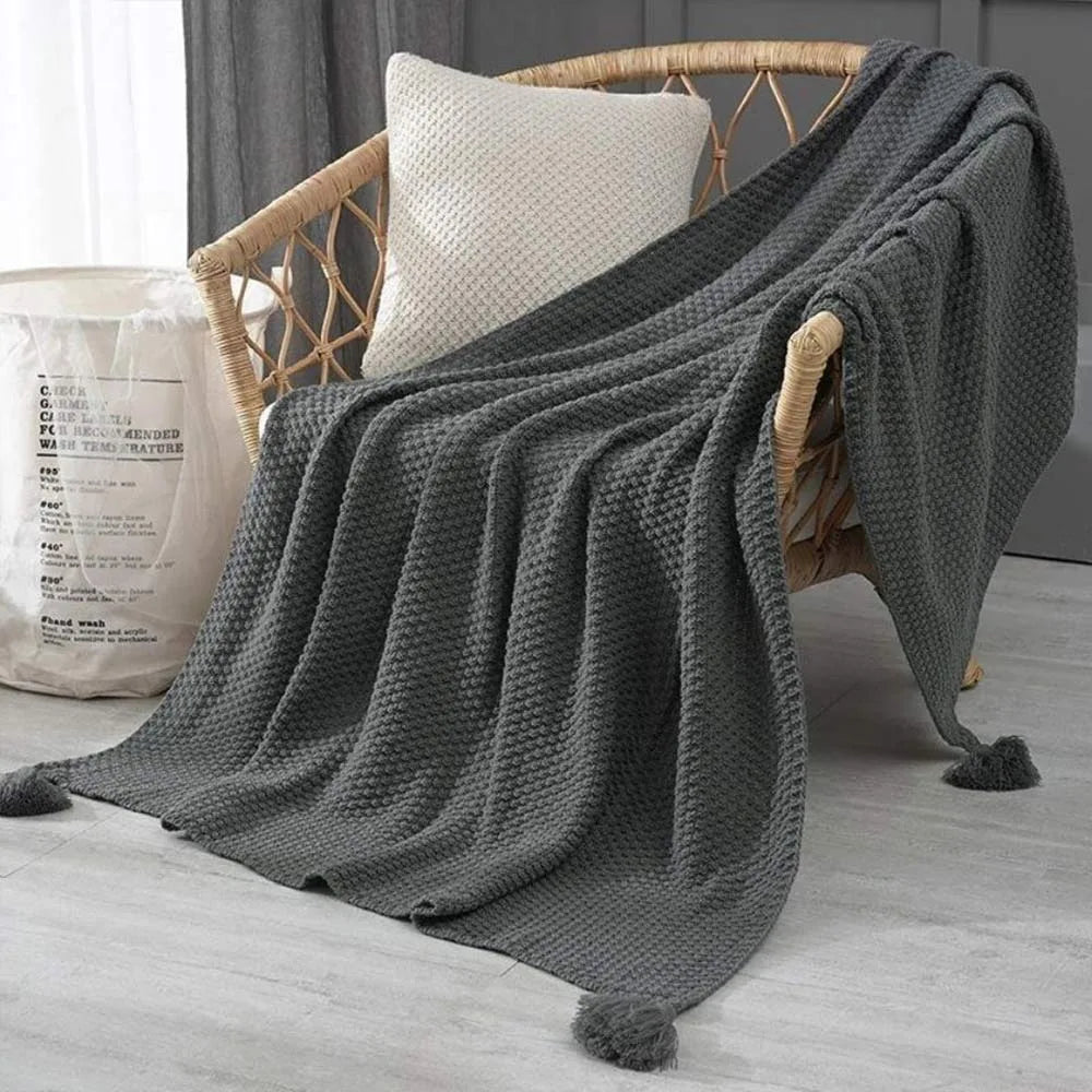 Warm Solid Color Knitted Blanket Soft Breathable Fringe Blanket Nordic Bedspread