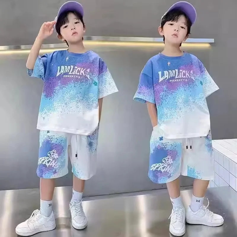Teen T-shirts Clothes Sets Summer Boys Gradient Short Sleeve Tops+Shorts 2 Pcs Big Kids Casual Suits Children Print Outfits