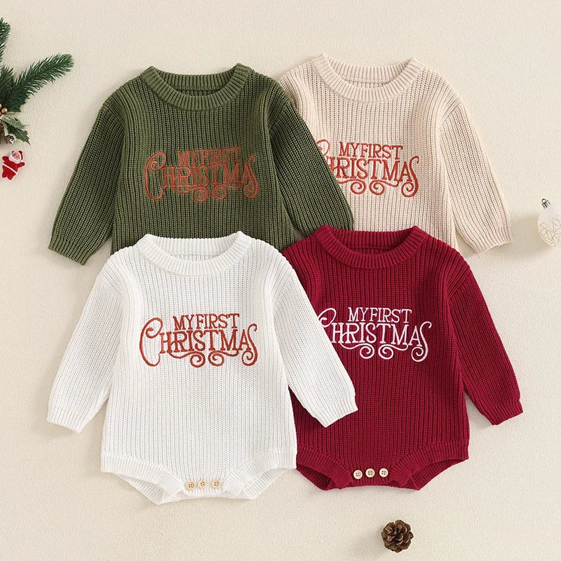 My First Christmas Baby Boys Girls Knit Bodysuits Kids Letter Embroidery Long Sleeve Sweater Romper Jumpsuits Clothes