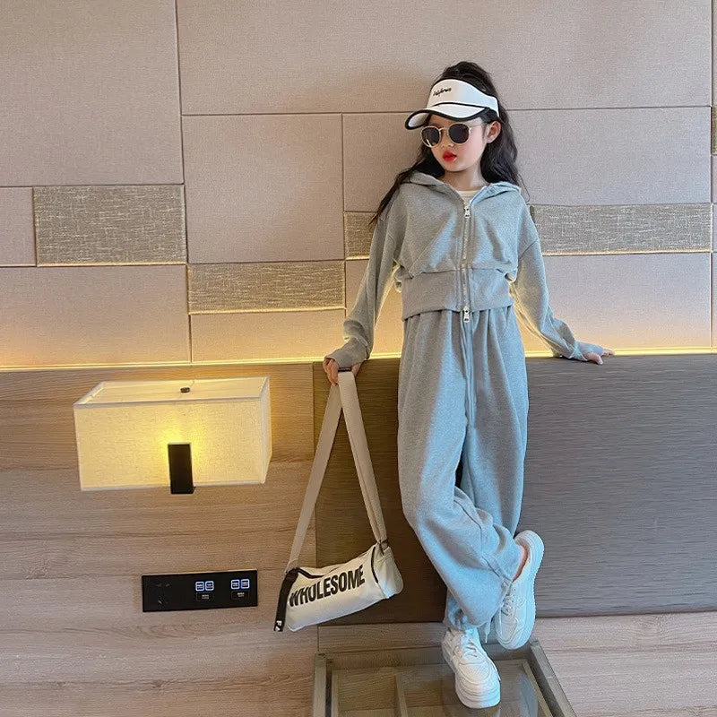 2025 autumn winter Girl grey Teens tracksuit zipper crop top Jacket hooded top and bottom wide leg pant child set 4 8 10 12 year